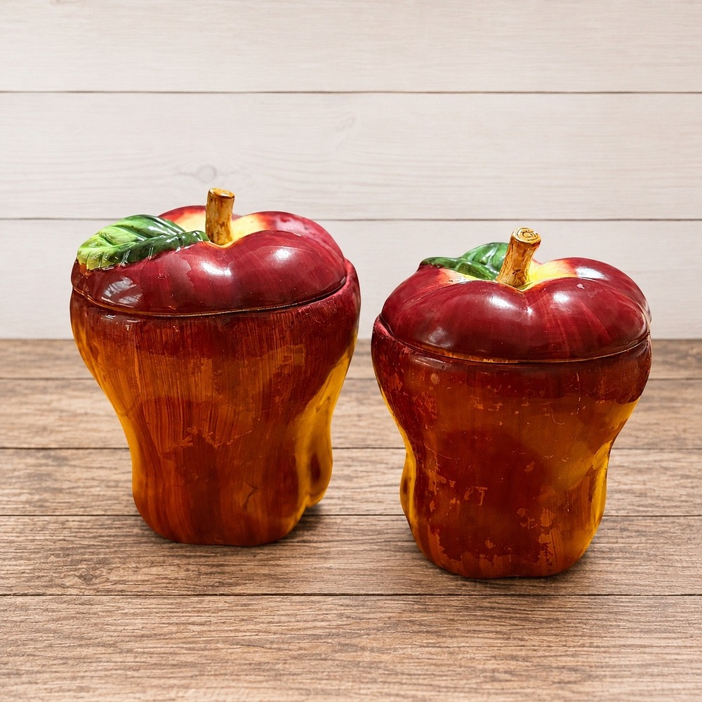 KMC Ceramic Apple Canisters Set of 2 Red Hand Painted Kitchen Storage Jars 7in